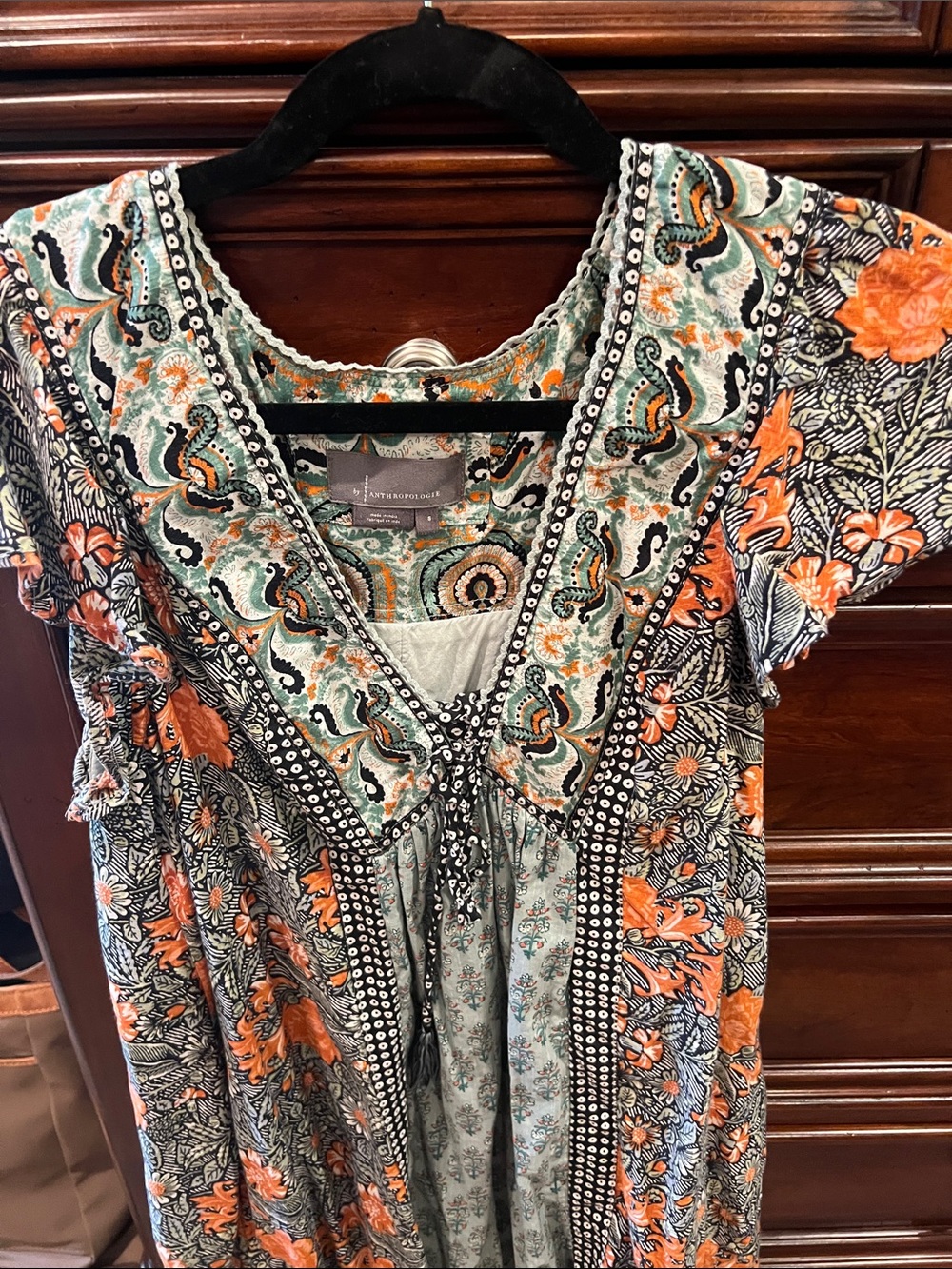 Anthropologie Mixed Floral Boho Tunic Dress in Orange & Sage - Picture 3 of 5